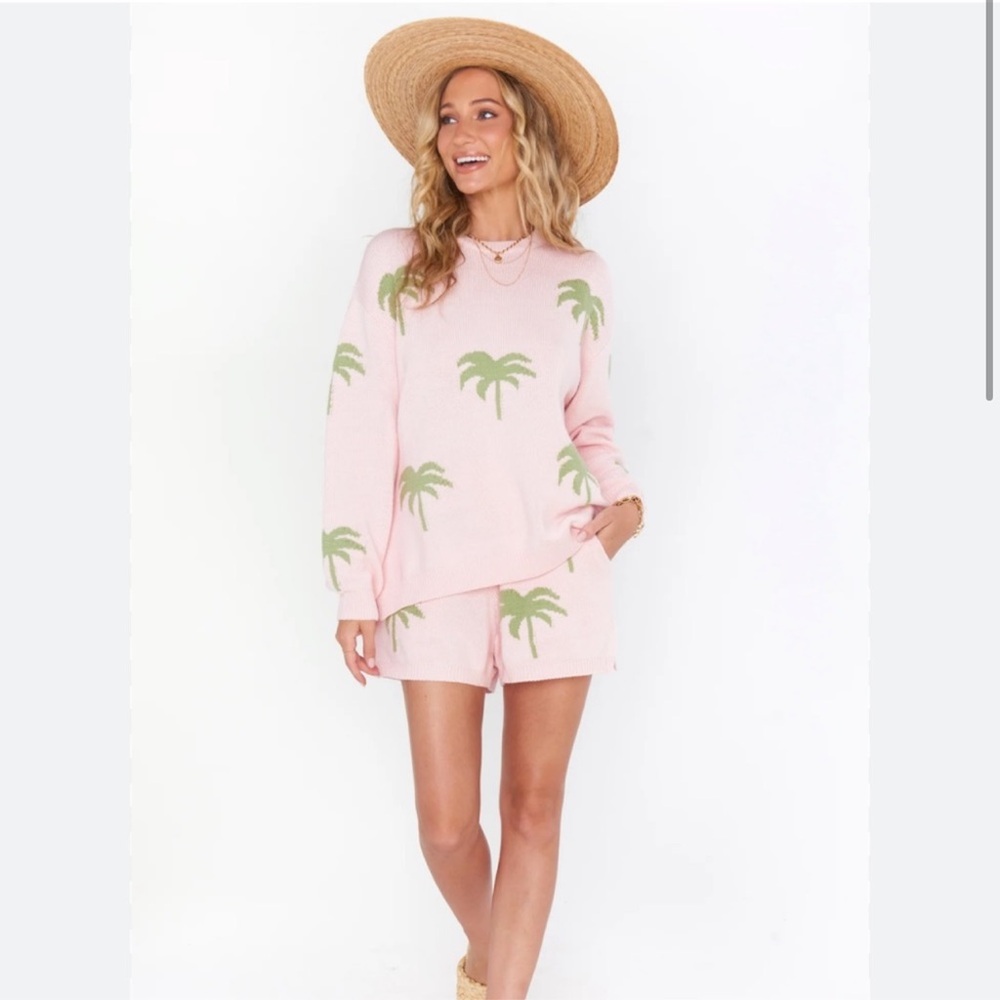Show Me Your MuMu Pink Palm Tree Knit Go To Sweater Boardwalk Shorts Set